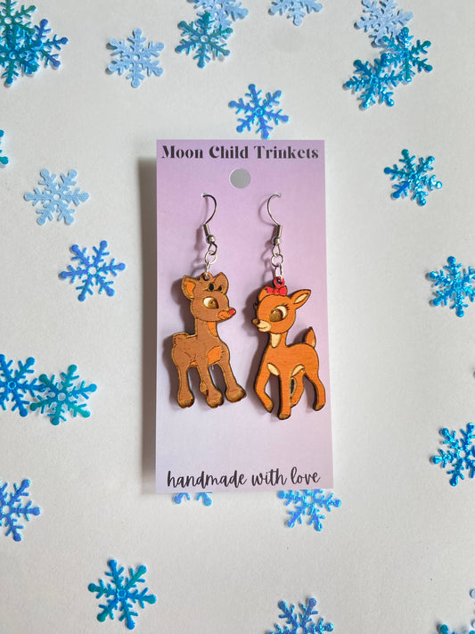 Retro Christmas Rudolph & Clarice Hand Painted Wood Earrings