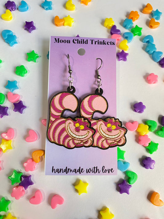 Cheshire Cat Hand Painted Wood Dangle Earrings