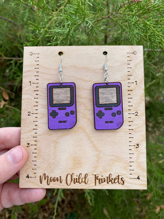 Gameboy Hand Painted Wood Dangle Earrings: Purple